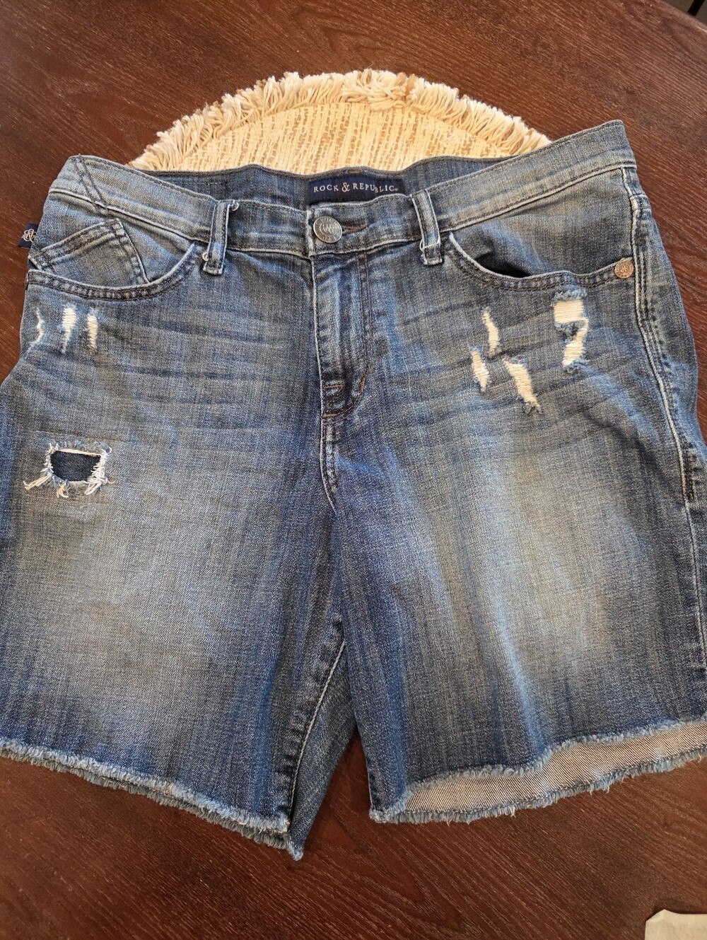 Rock & Republic Women Distressed Denim Bumpershoot Short Size 10